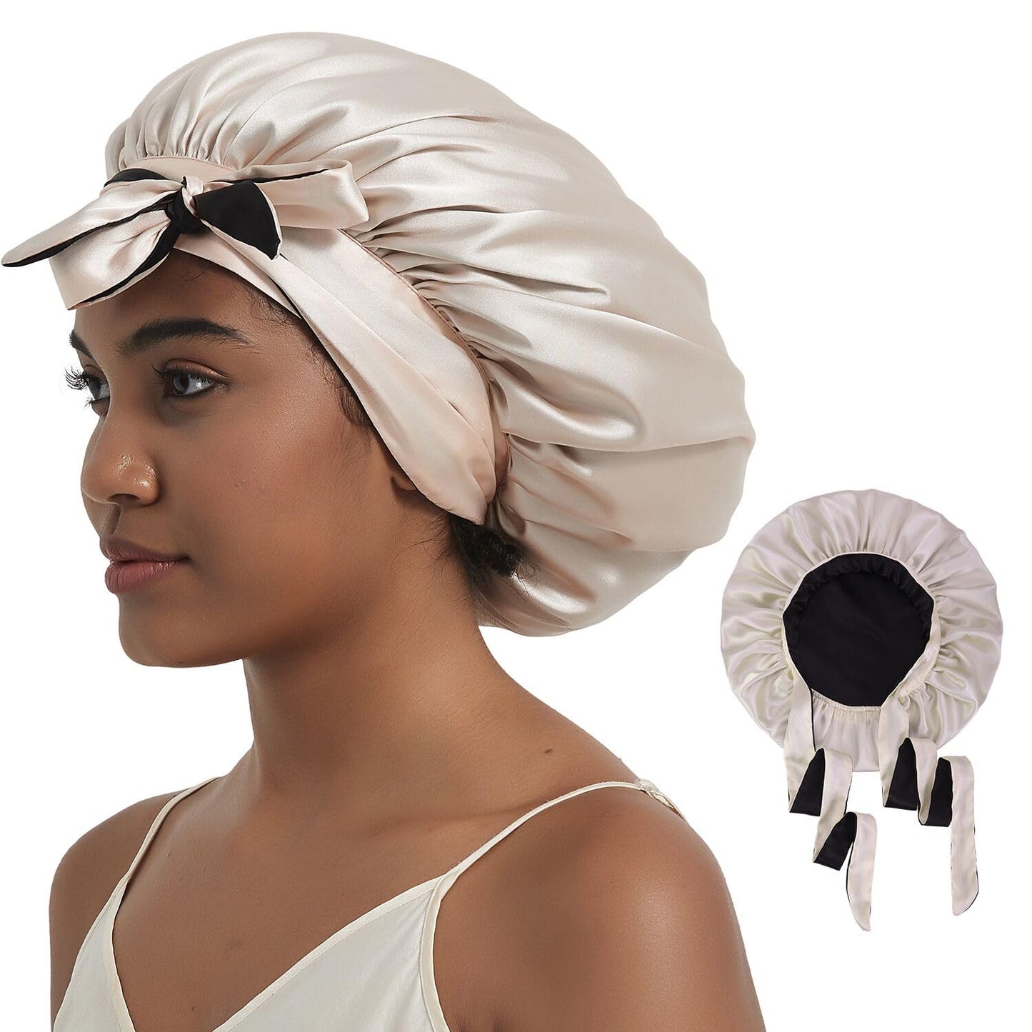 Hat Hut Satin Bonnet for Sleeping Cap for Curly Hair - Double Layer Reversible with Tie Band (Champagne/Black)