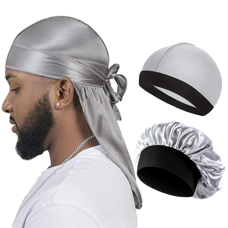3PCS/LOT Men Silky Durag Long Tail Pirate Hat Headband Turban Dome Wave Cap Unisex Cap Elastic Band Satin Bonnet