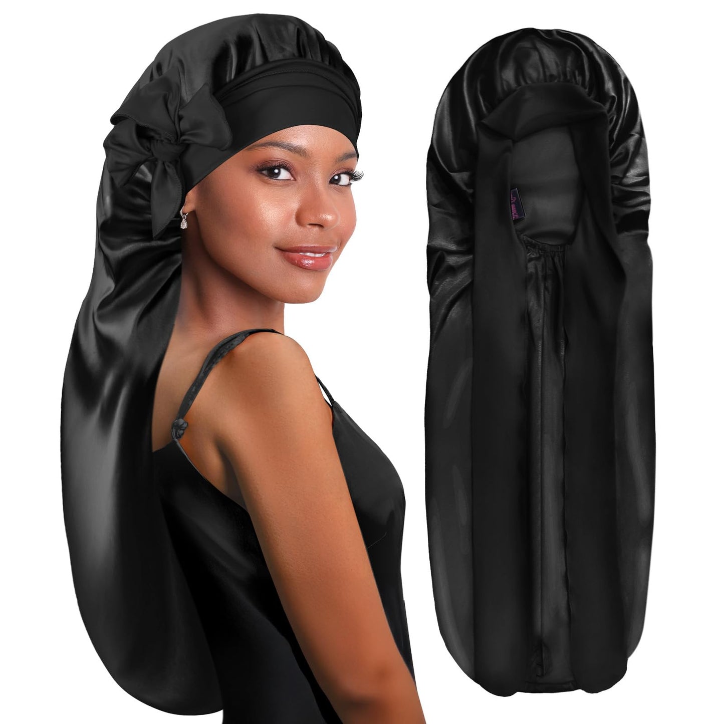 BONNET QUEEN Silk Bonnet for Sleeping Long Hair & Braids Extensions Hair, Satin Long Bonnet for Women, Adjustable Silk Scarf Night Cap with Tie Band,