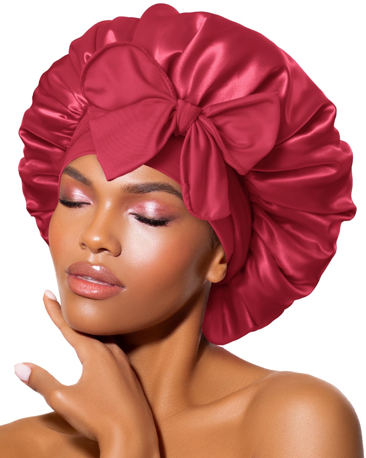 BONNET QUEEN Silk Bonnet for Sleeping for Curly Hair, Satin Bonnet Hair Wrap for Women & Men, Adjustable Silk Scarf Night Cap with Tie Band, Red