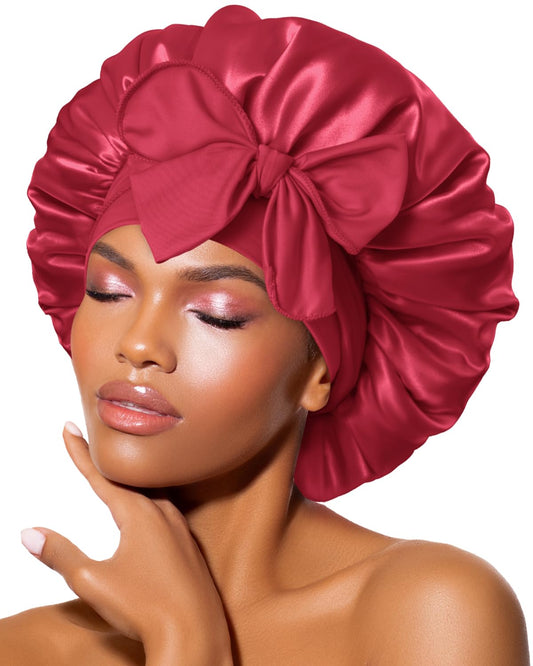 BONNET QUEEN Silk Bonnet for Sleeping for Curly Hair, Satin Bonnet Hair Wrap for Women & Men, Adjustable Silk Scarf Night Cap with Tie Band, Red
