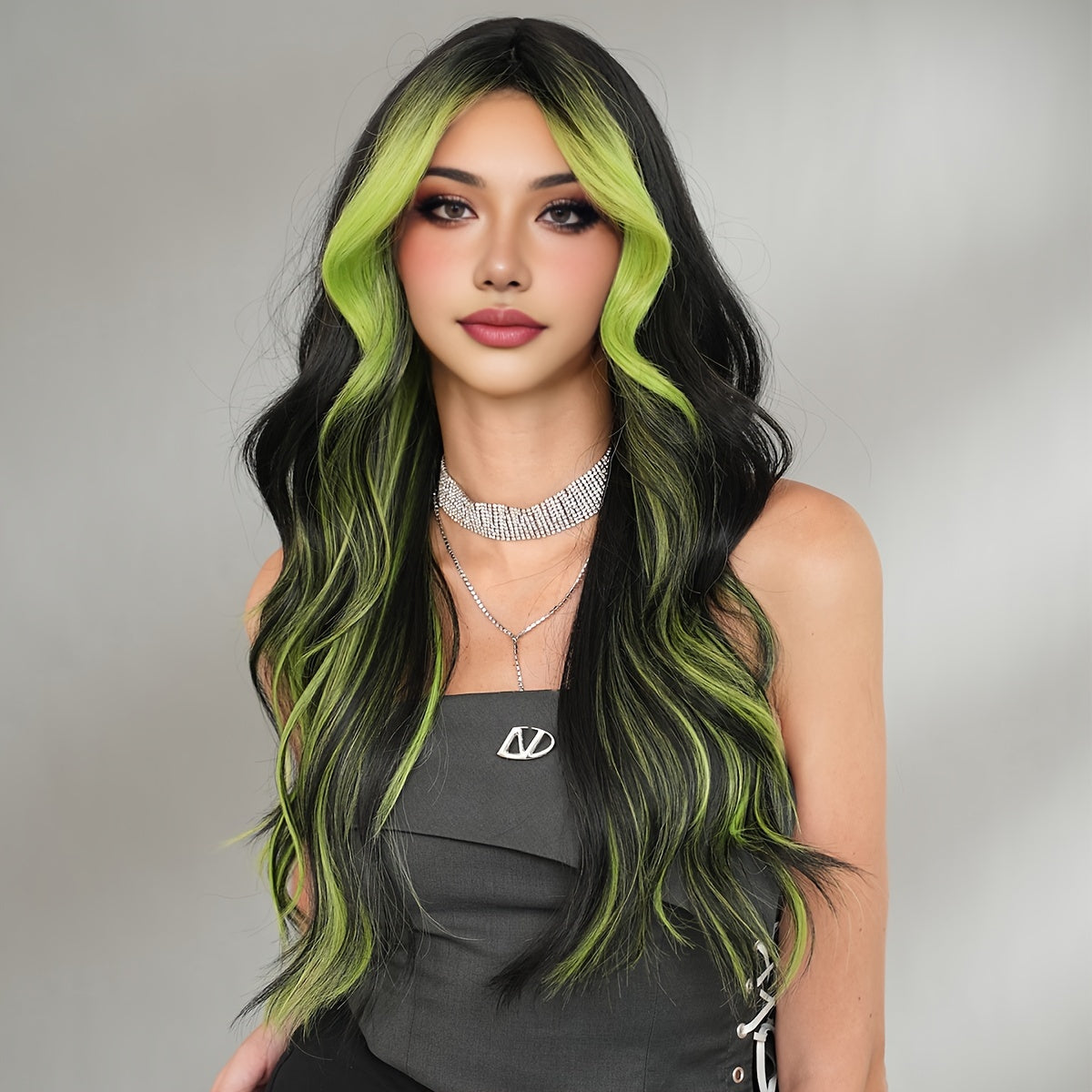 NAMM Glamorous Black & Green Highlight Wig