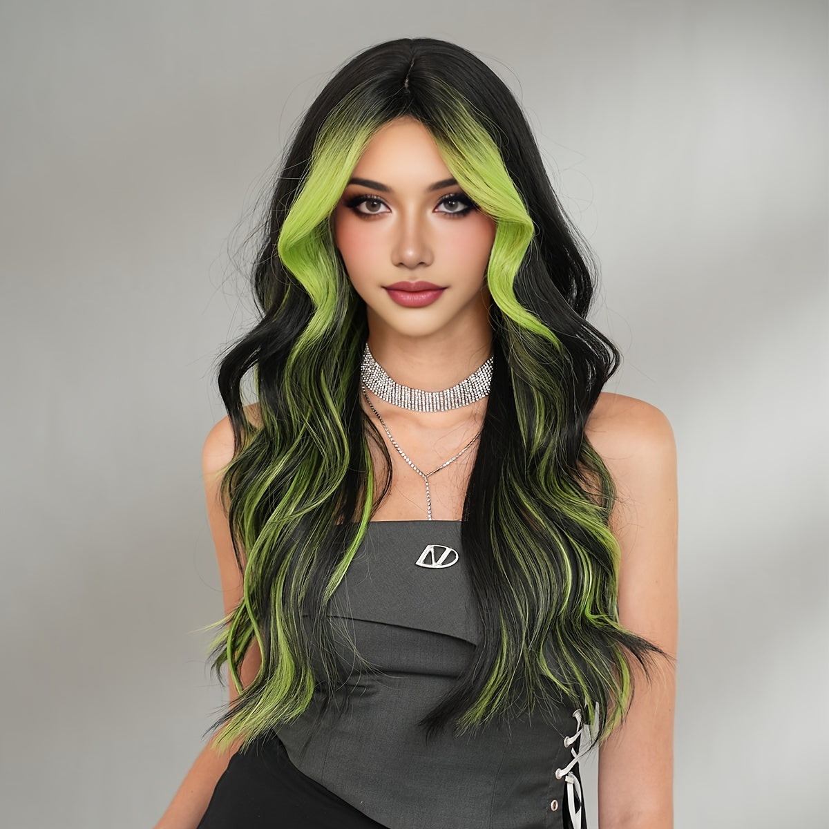 NAMM Glamorous Black & Green Highlight Wig