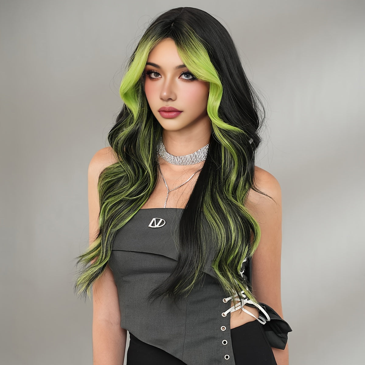 NAMM Glamorous Black & Green Highlight Wig