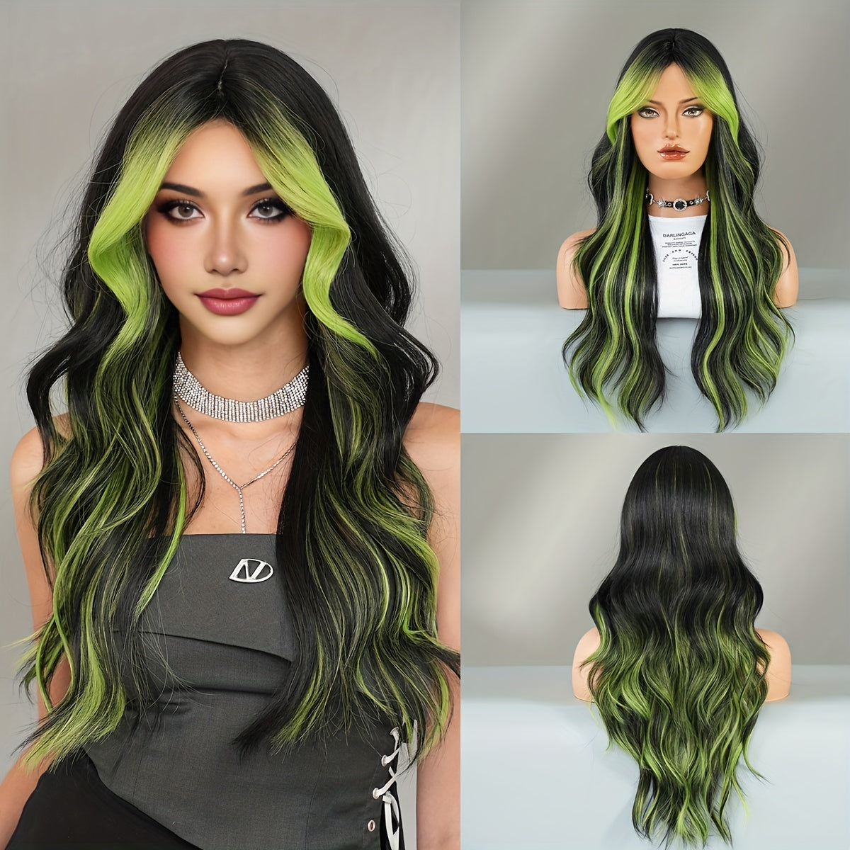NAMM Glamorous Black & Green Highlight Wig