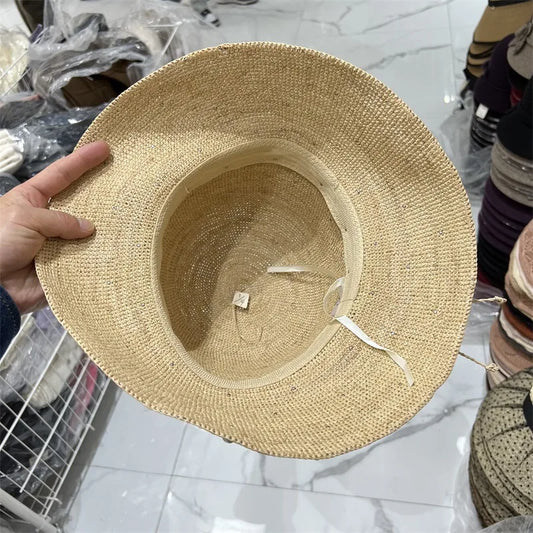 Handmade Laffey Grass Fishing Hat Women Summer Sun Protection Beach Hat Pearl Rhinestone Pot Hat Coastal Sand Beach Cap